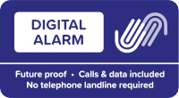 Digital alarm: Future proof. Calls and data included. No telephone landline required. Digital alarm logo.